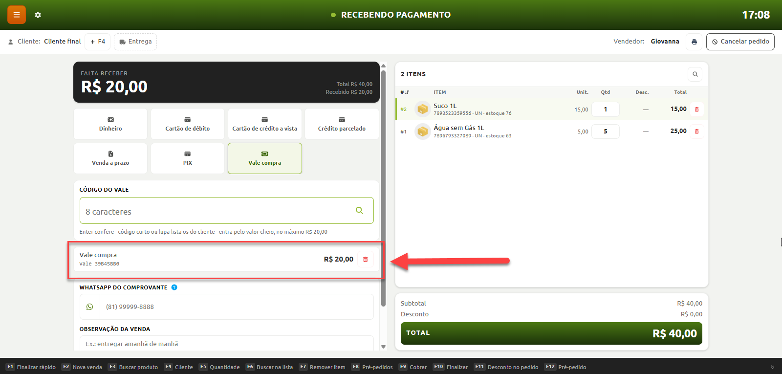 Tela de recebimento de pagamento de uma venda no ponto de venda, com destaque para a aplicação de um vale-compra no valor de R$ 20,00 para abater o total da compra.