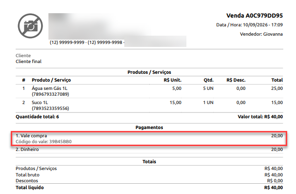 Comprovante de venda detalhando itens, valores e totais, com destaque para a forma de pagamento realizada via vale-compra no valor de R$ 20,00.