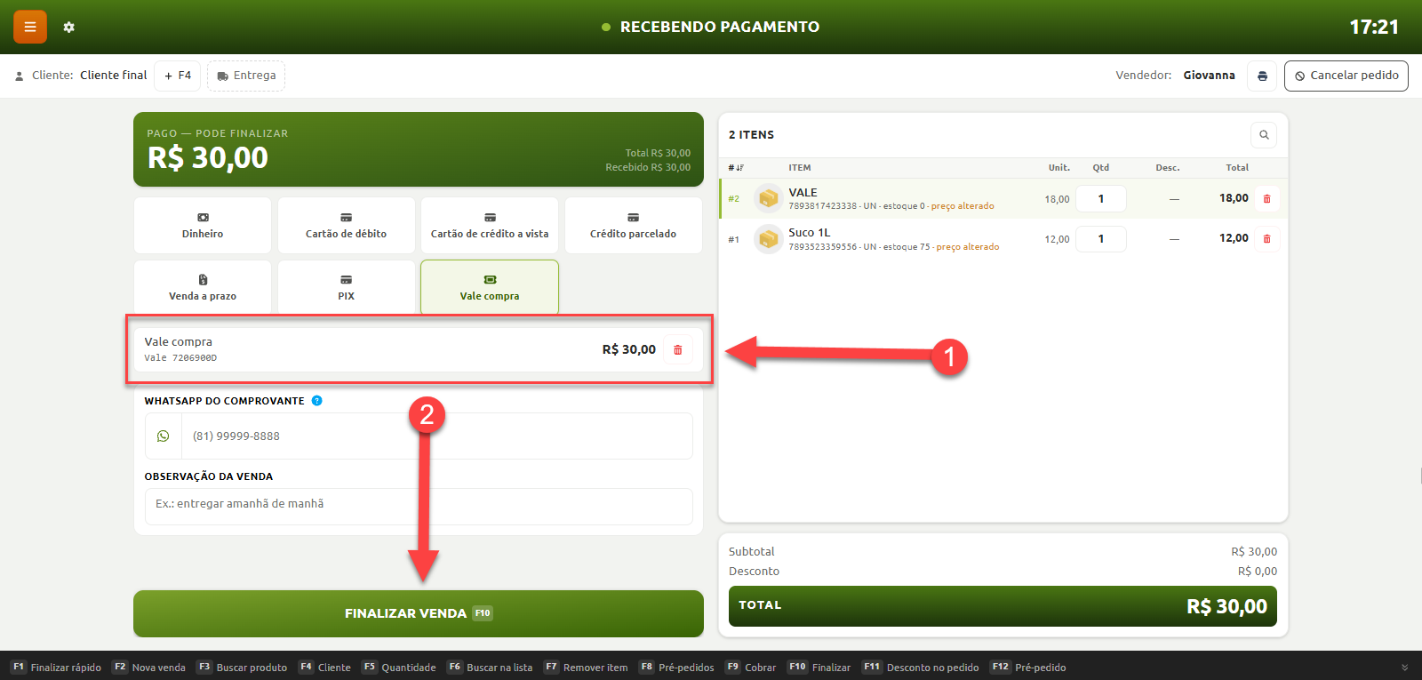 Tela de recebimento de pagamento no sistema de vendas, exibindo o valor total pago via vale-compra e a opção para finalizar a venda.