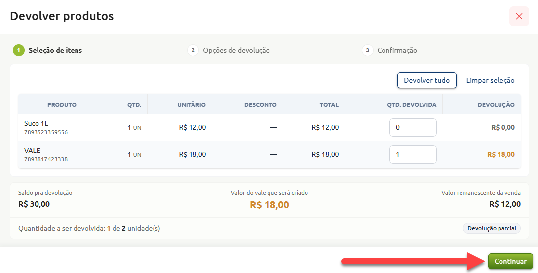 Tela de devolução de produtos na etapa de seleção de itens, exibindo a lista de produtos com uma devolução parcial selecionada, os valores calculados e uma seta apontando para o botão Continuar.