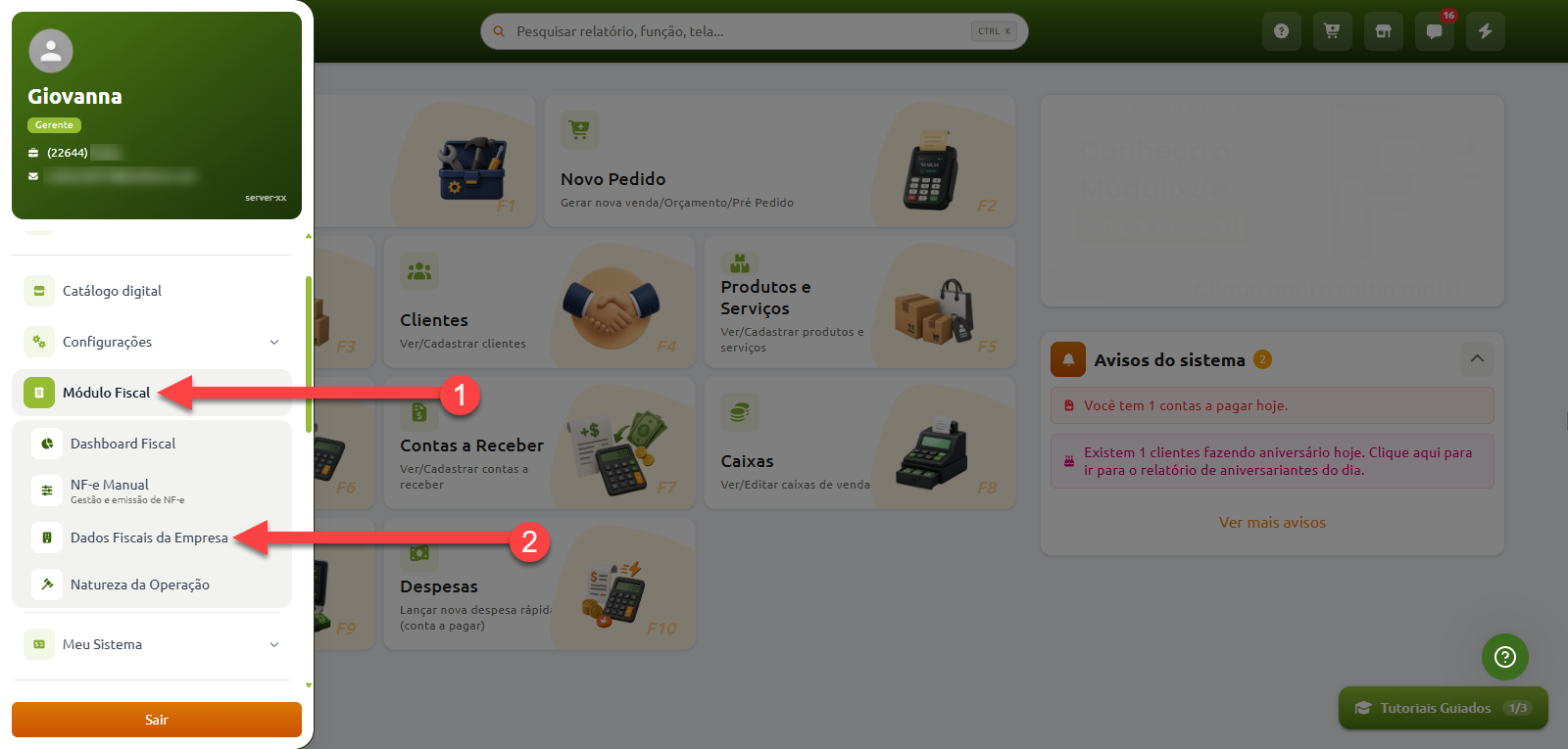 Menu lateral do sistema de gestão indicando o caminho de navegação pela opção "Módulo Fiscal" até o item "Dados Fiscais da Empresa".
