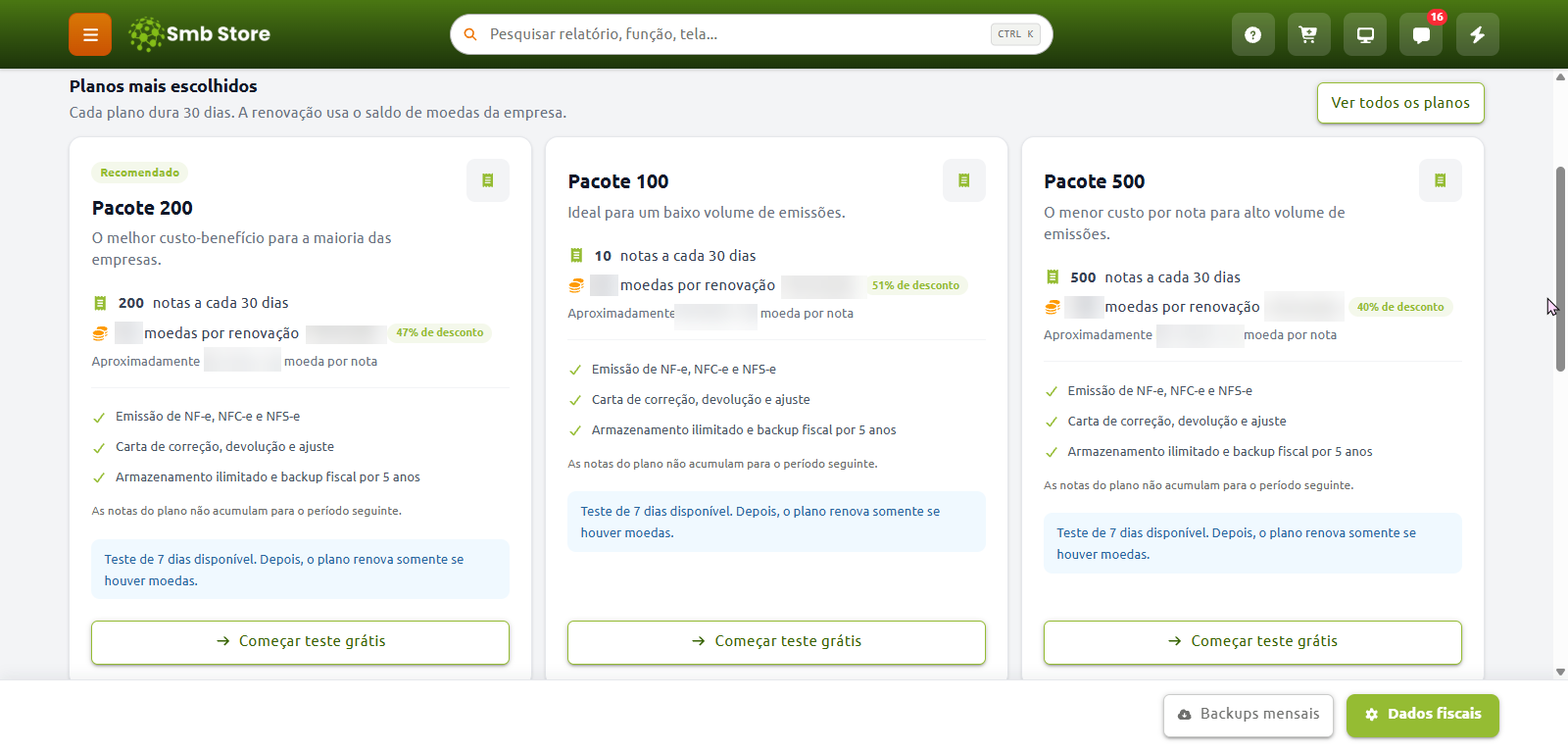 Tela do sistema Smb Store com a seleção dos planos mais escolhidos de emissão fiscal, apresentando os pacotes de 100, 200 e 500 notas a cada 30 dias, recursos inclusos e botão para iniciar teste grátis.