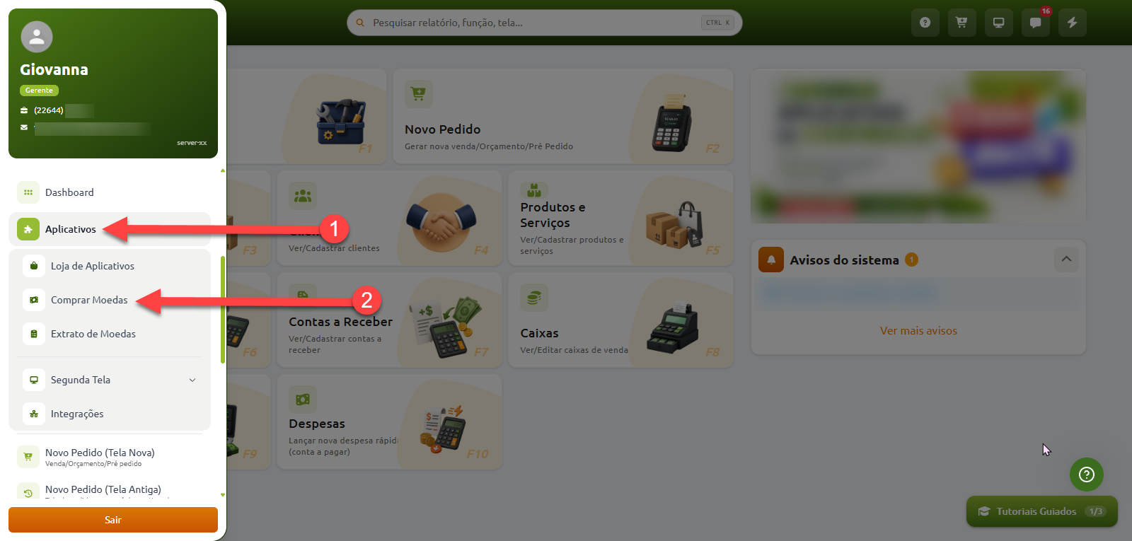 Tela inicial do sistema com o menu lateral expandido, indicando o acesso à opção "Comprar Moedas" a partir do item "Aplicativos".