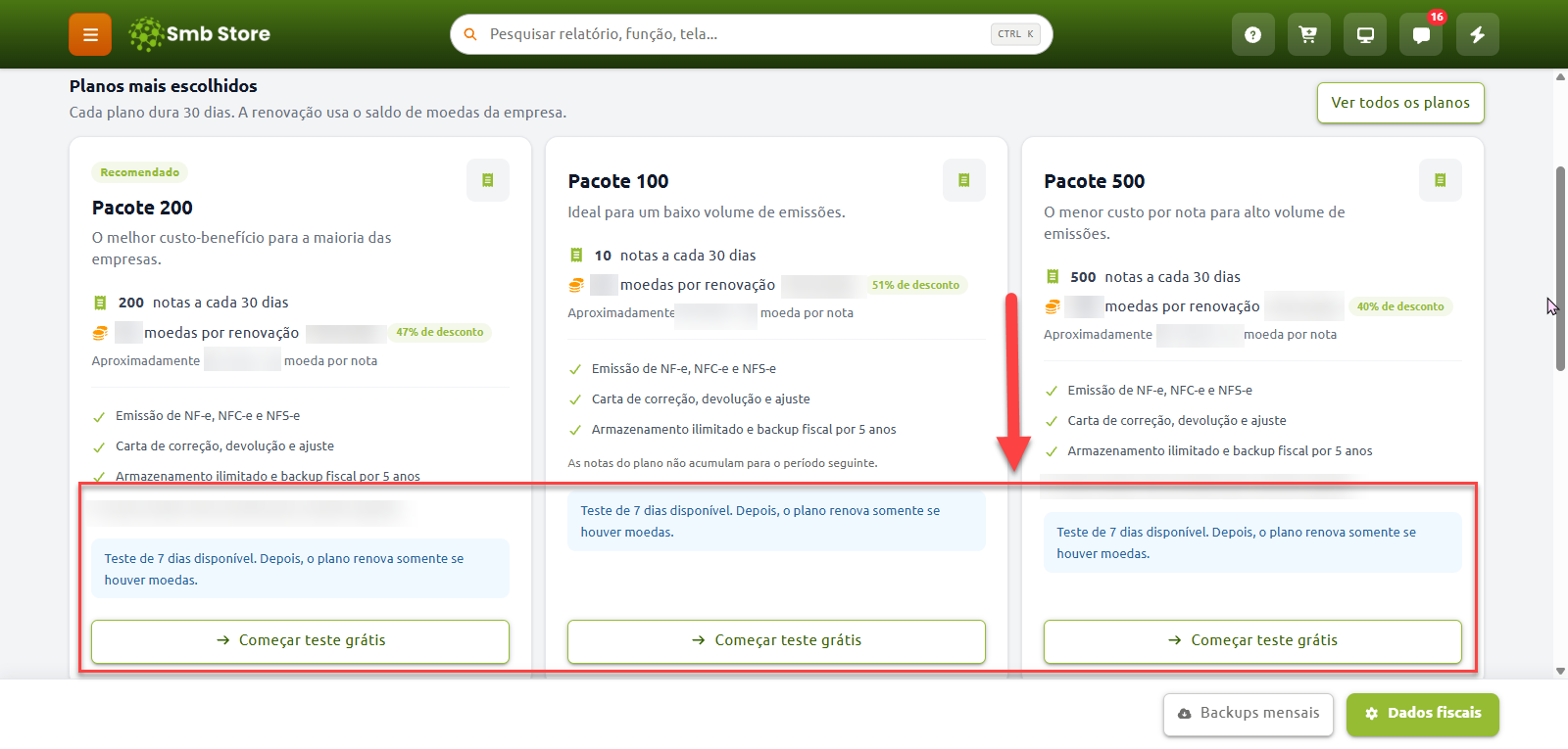 Tela de seleção de planos com opções de pacotes de emissão de notas fiscais, destacando o aviso de teste de 7 dias disponível e o botão para começar o teste grátis em cada opção.