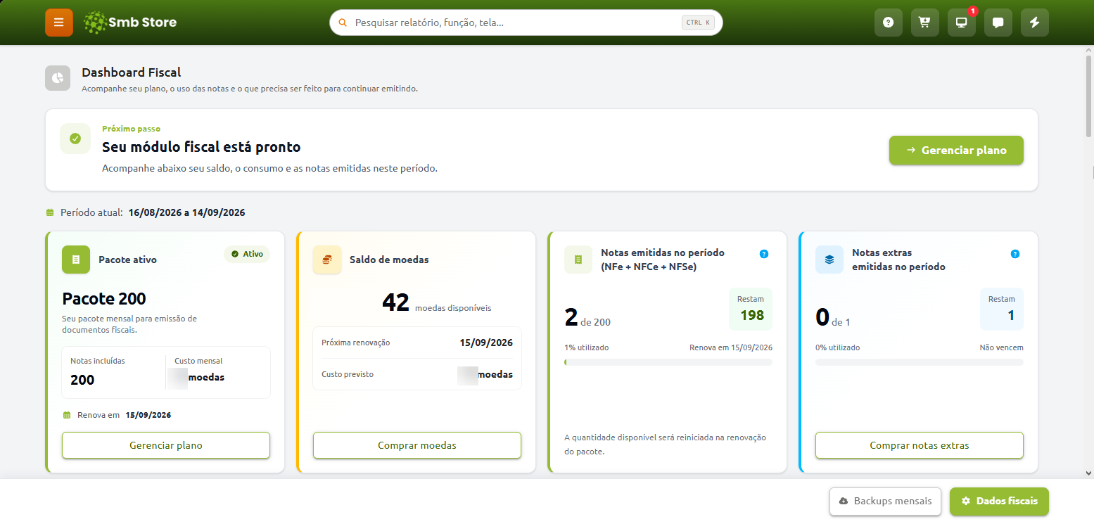Tela do Dashboard Fiscal do sistema Smb Store com aviso de módulo fiscal pronto e cards de resumo exibindo informações do pacote ativo de 200 notas, saldo de 42 moedas, 2 notas emitidas no período e nenhuma nota extra utilizada, além de botões para gerenciar plano, comprar moedas e acessar backups ou dados fiscais.