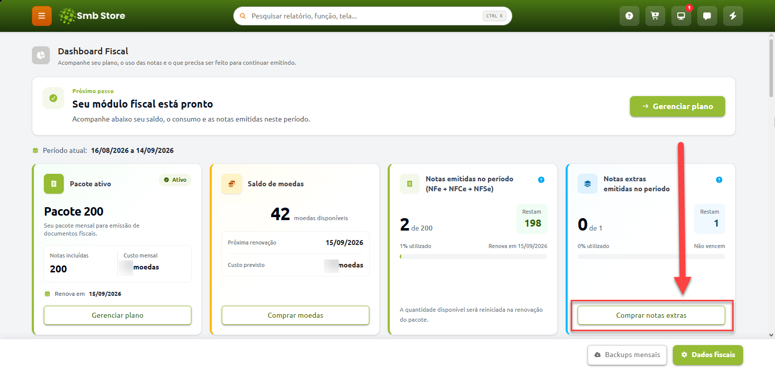 Tela do Dashboard Fiscal exibindo informações do plano ativo, saldo de moedas e notas emitidas no período, destacando o botão para comprar notas extras.