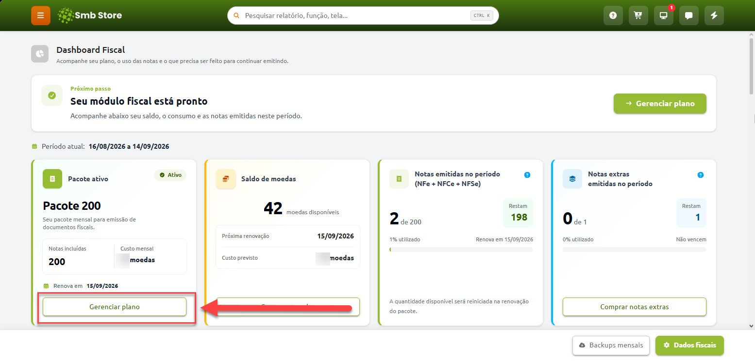 Tela do Dashboard Fiscal exibindo o resumo do plano ativo, saldo de moedas e notas emitidas no período, com destaque para o botão Gerenciar plano no cartão do pacote ativo.
