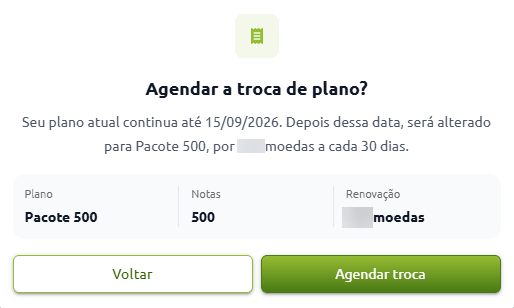 Tela de confirmação para agendamento de troca de plano, informando a data de término do plano atual e os detalhes do novo Pacote 500, com botões para voltar ou agendar a troca.