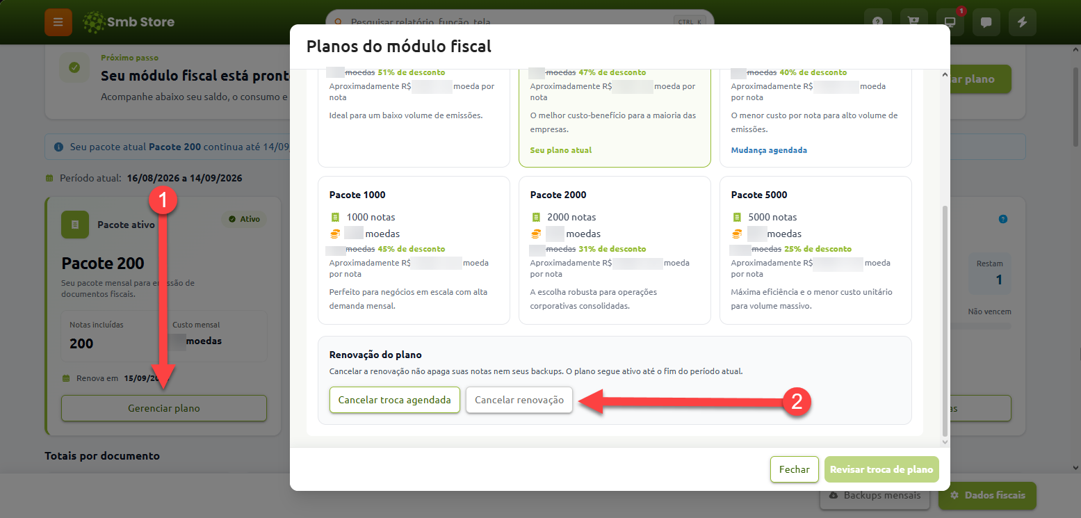 Tela do sistema Smb Store com a janela "Planos do módulo fiscal" aberta, indicando uma sequência de dois passos: o primeiro selecionando "Gerenciar plano" e o segundo destacando a opção "Cancelar renovação" na seção de renovação do plano.