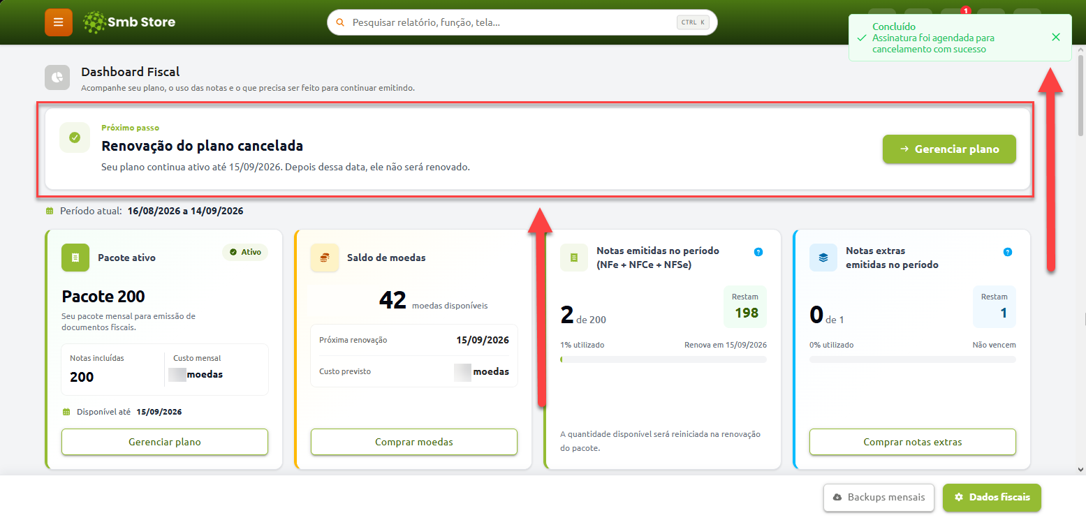 Tela do Dashboard Fiscal com confirmação e aviso de renovação do plano cancelada, informando a data limite de vigência do plano ativo e os painéis de saldo, emissões e gerenciamento da assinatura.