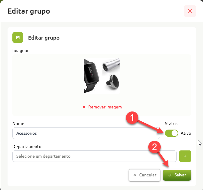 Tela de edição de grupo exibindo a imagem carregada, campos preenchidos de nome e departamento, com destaque numerado para a ativação do status e para o botão de salvar.
