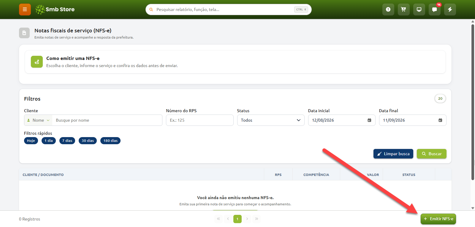 Tela de Notas fiscais de serviço (NFS-e) do Smb Store, com opções de filtros de busca por cliente, número do RPS, status e período, e uma seta apontando para o botão "Emitir NFS-e" no canto inferior direito.