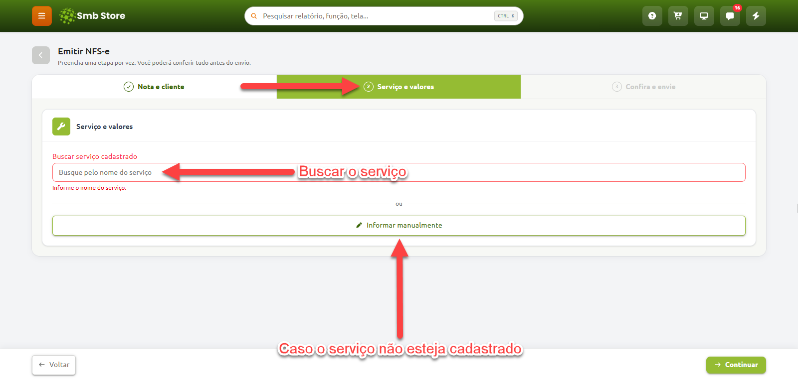 Tela de emissão de NFS-e na etapa "Serviço e valores", destacando o campo para buscar um serviço já cadastrado pelo nome e a opção alternativa para informar os dados do serviço manualmente.
