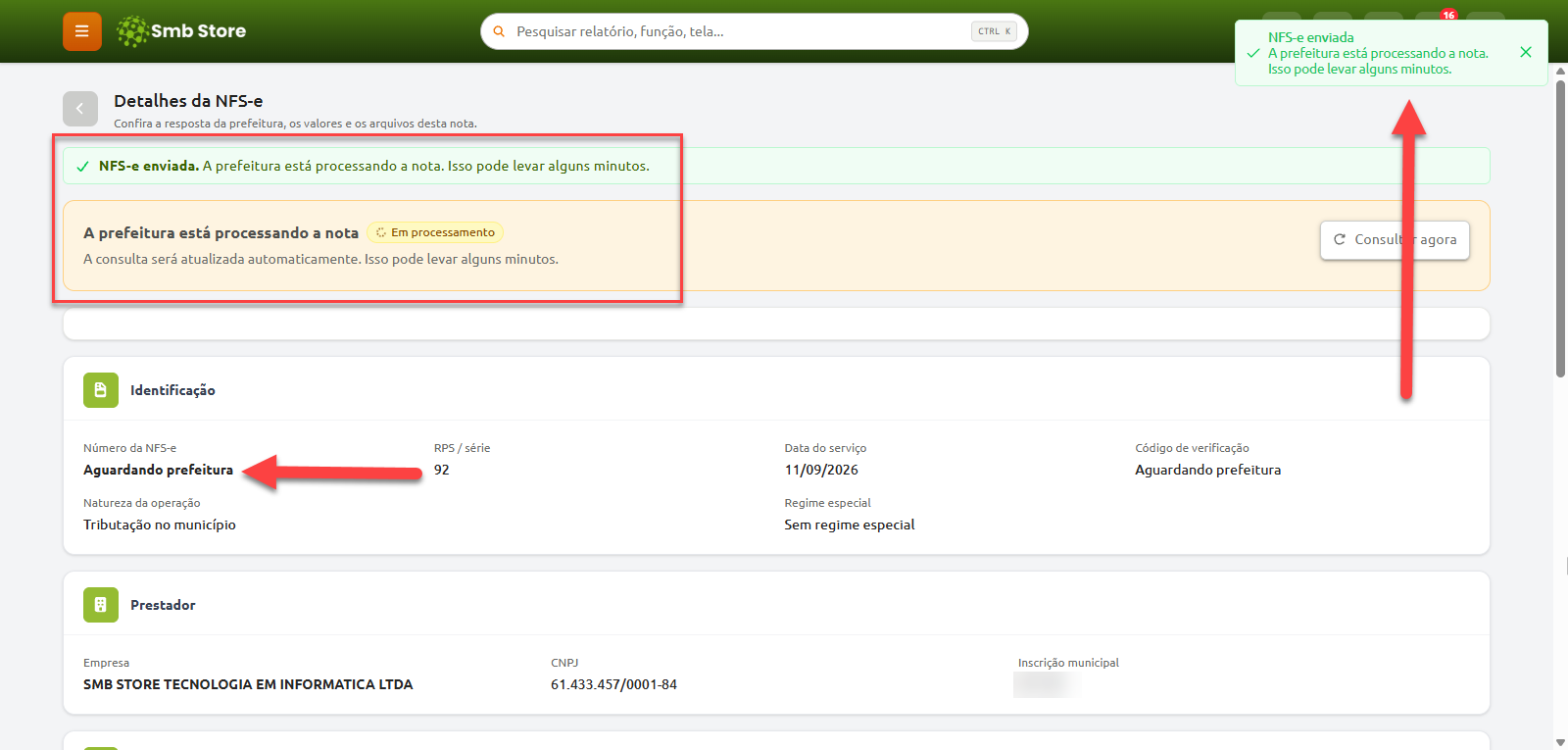 Tela de detalhes da NFS-e no Smb Store exibindo o status de nota fiscal enviada e em processamento pela prefeitura.