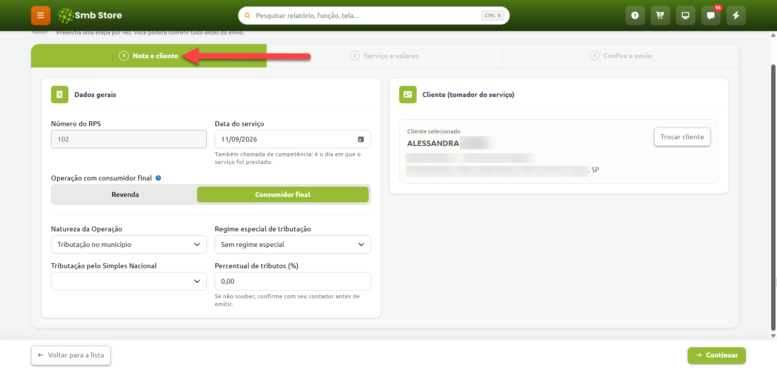 Tela do sistema Smb Store na primeira etapa da emissão de nota fiscal de serviço, intitulada "Nota e cliente", exibindo campos para preenchimento dos dados gerais da nota e informações do tomador do serviço selecionado.