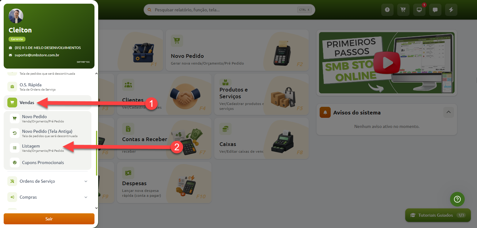 Menu lateral do sistema destacando o caminho de navegação em duas etapas: primeiro na opção "Vendas" (1) e, em seguida, na subopção "Listagem" (2).