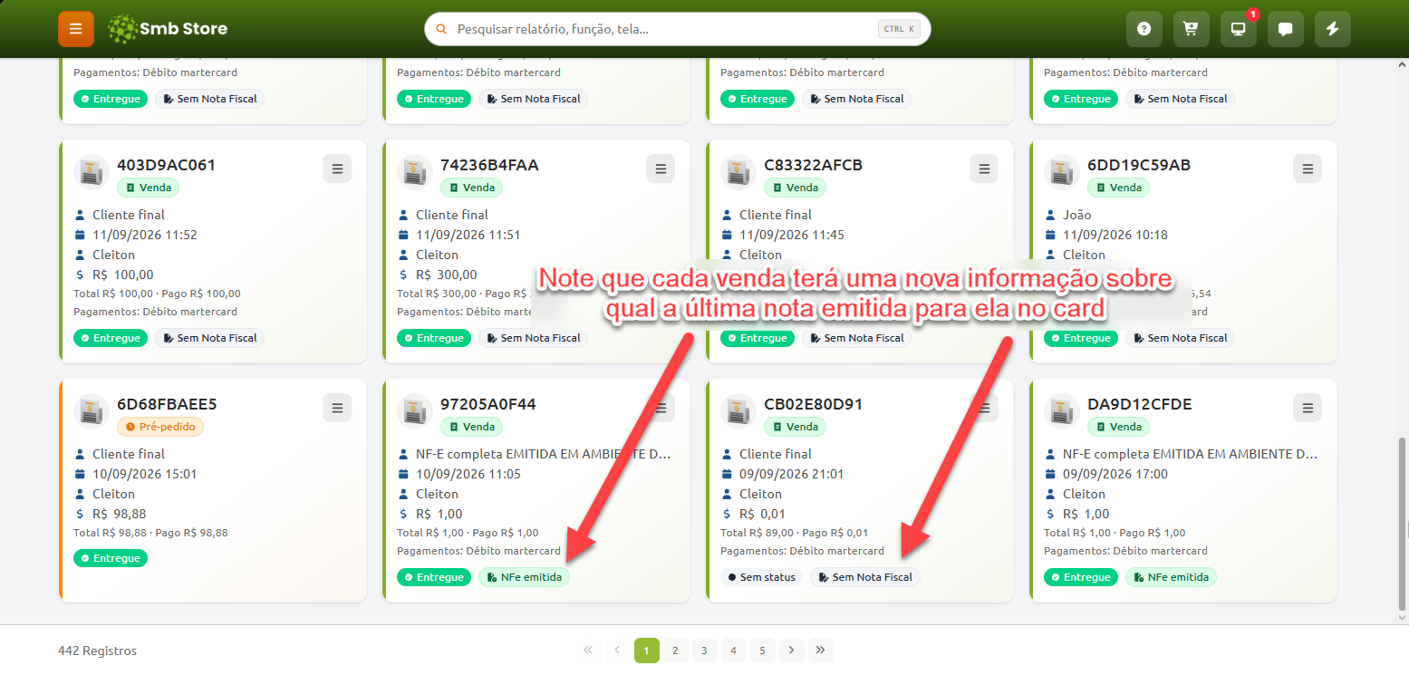 Tela do Smb Store exibindo a listagem de vendas em formato de cards, destacando a informação do status da última nota fiscal emitida em cada pedido, como "NFe emitida" ou "Sem Nota Fiscal".