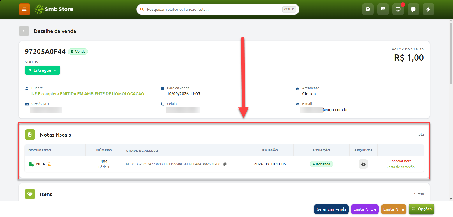 Tela de detalhes da venda com destaque para a seção de notas fiscais, exibindo a NF-e emitida com número, chave de acesso, data de emissão, situação autorizada e opções de gerenciamento.