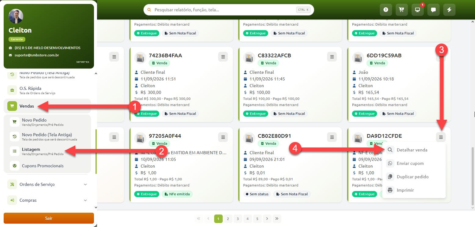 Instruções em tela de gerenciamento de pedidos indicando o caminho pelo menu Vendas, seguido por Listagem, para acessar o menu de opções de um pedido e selecionar a ação Detalhar venda.
