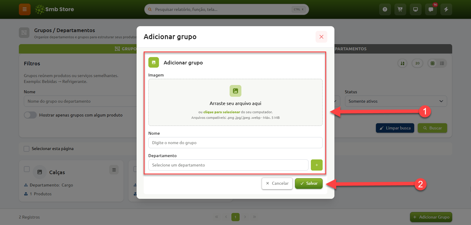 Janela de cadastro de novo grupo no sistema Smb Store, destacando o formulário com campos para envio de imagem, nome e departamento, seguido pelo botão de salvar.