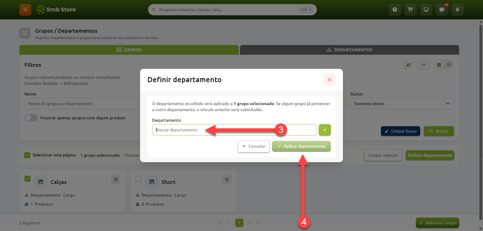 Janela modal "Definir departamento" no sistema Smb Store, destacando a busca pelo departamento no passo 3 e a confirmação no botão "Aplicar departamento" no passo 4.