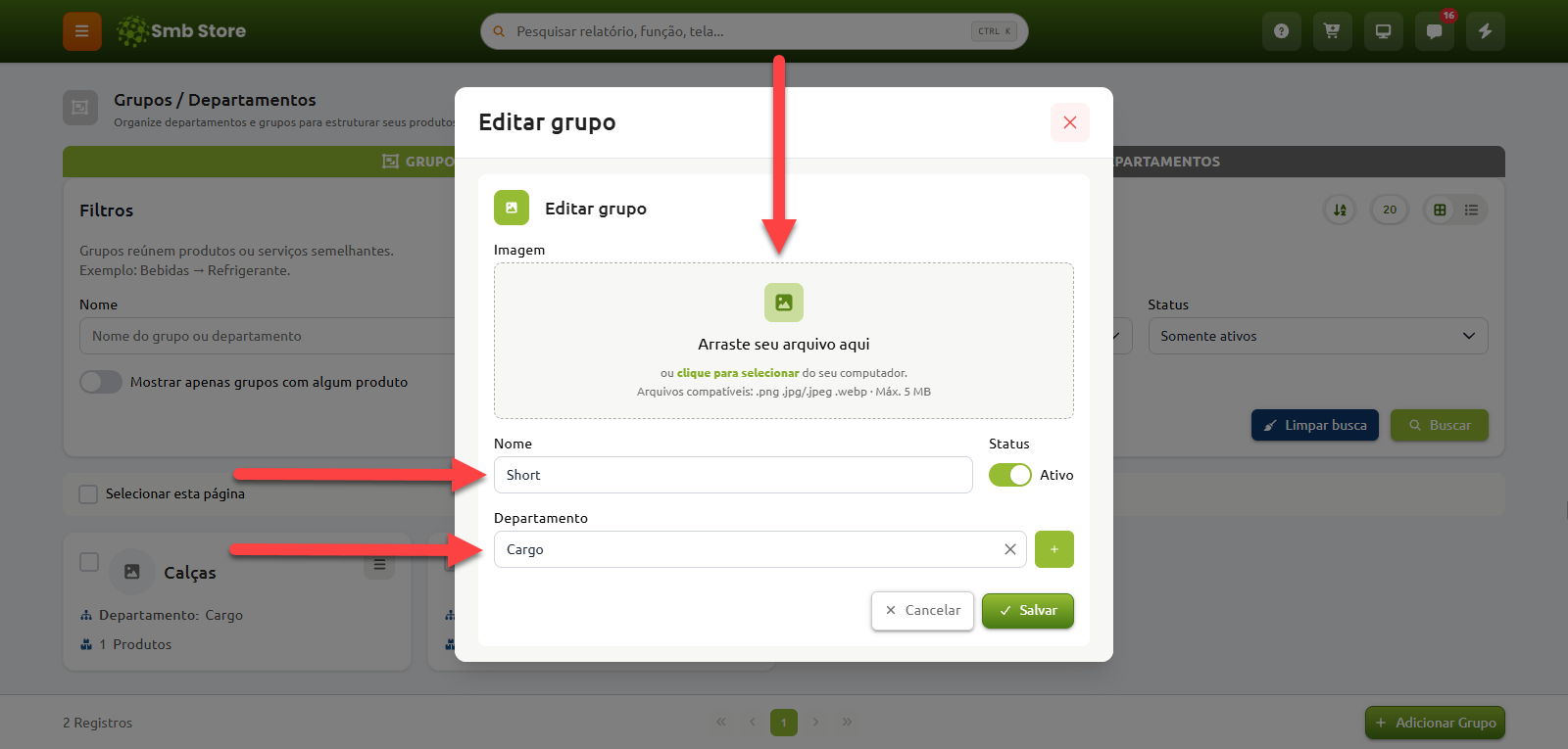 Janela de edição de grupo no sistema Smb Store com campos para envio de imagem, alteração do nome do grupo, status de ativação e seleção do departamento associado.