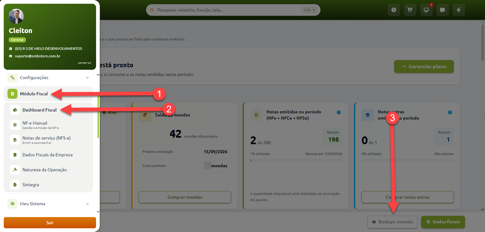 Fluxo de navegação no sistema destacando a seleção de "Módulo Fiscal" no menu lateral, seguida de "Dashboard Fiscal", e o acesso ao botão "Backups mensais" na parte inferior da tela.