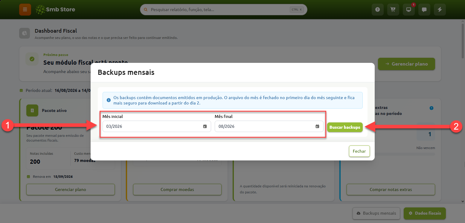 Janela de backups mensais no sistema Smb Store, com a sequência numerada indicando a seleção do período nos campos "Mês inicial" e "Mês final" no passo 1 e o clique no botão "Buscar backups" no passo 2.