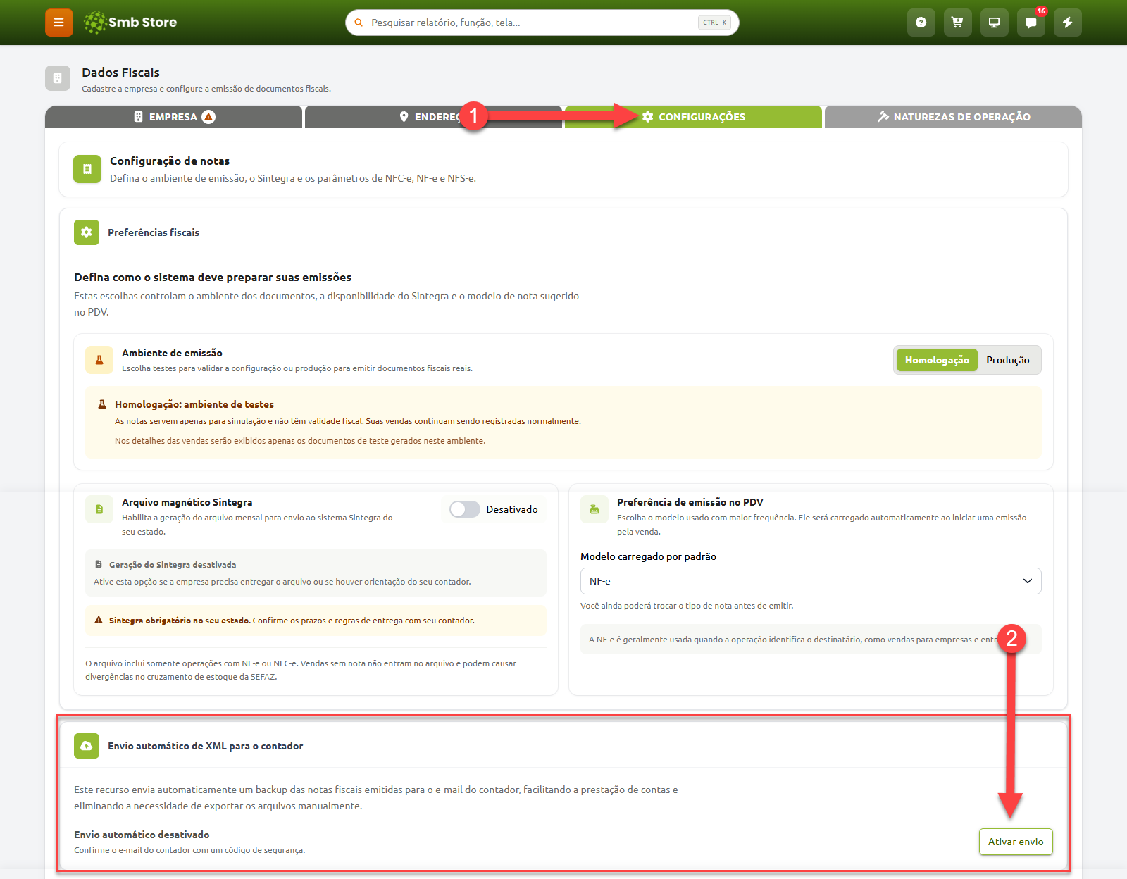 Tela de dados fiscais do sistema Smb Store com instruções passo a passo: a etapa 1 indica a aba "Configurações" e a etapa 2 aponta para o botão "Ativar envio" na seção de envio automático de XML para o contador.