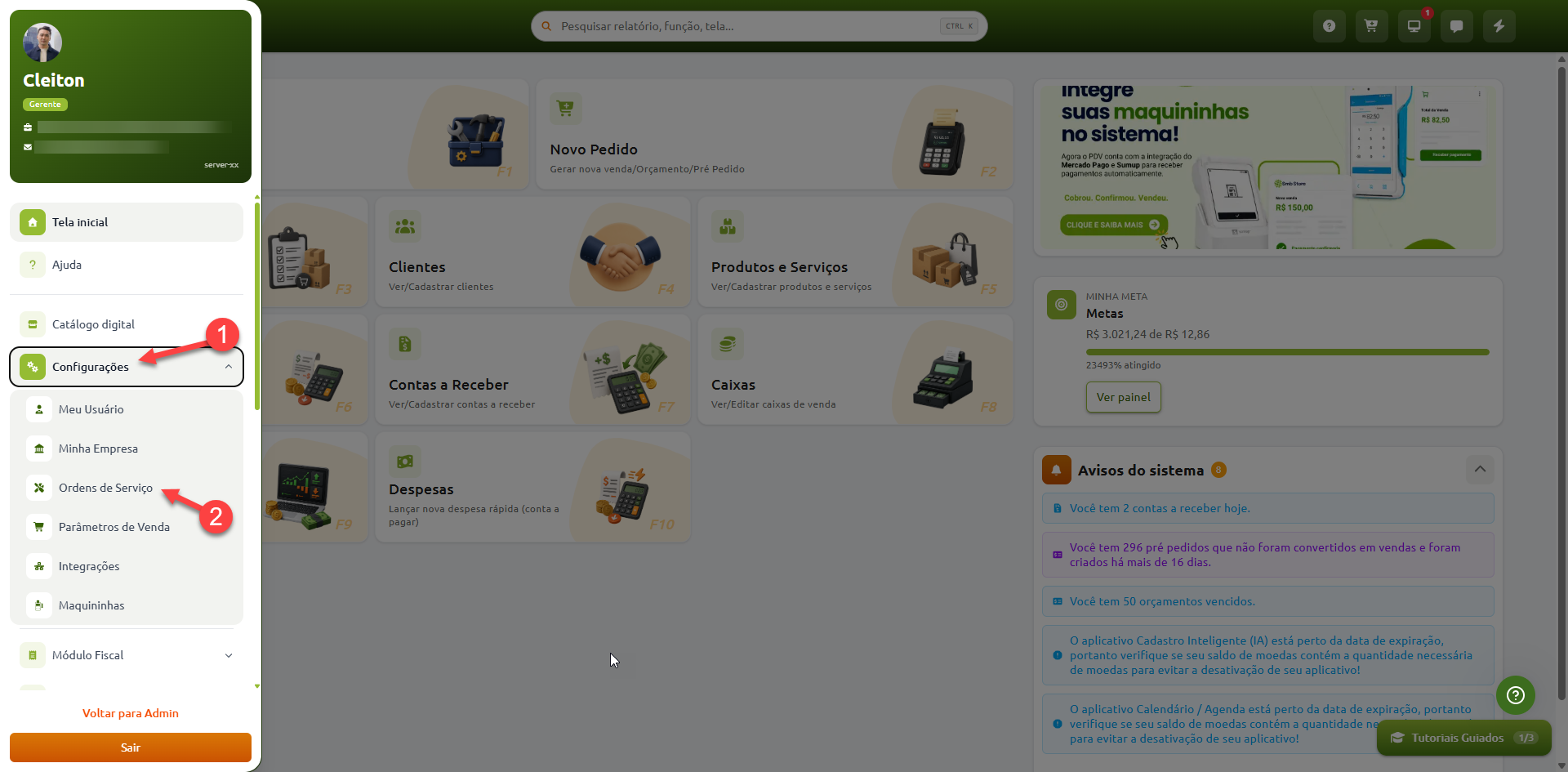 Tela inicial do sistema de gestão, destacando a sequência de navegação pelo menu lateral: primeiro clicar em "Configurações" (indicado com o número 1) e, em seguida, selecionar a opção "Ordens de Serviço" (indicada com o número 2).