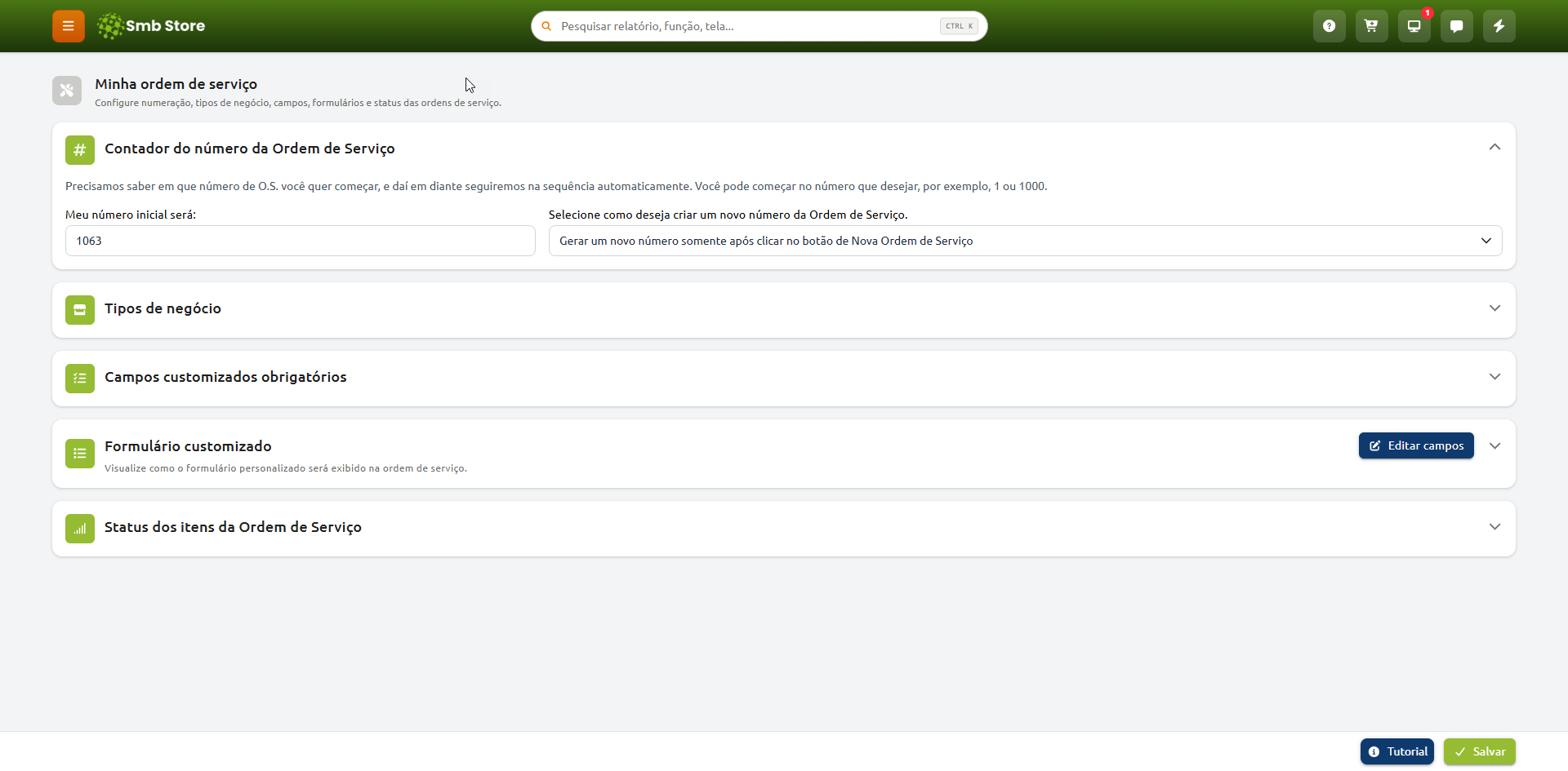 Tela de configuração da ordem de serviço no Smb Store, com a seção de contador de número aberta exibindo a definição do número inicial e o modo de geração da numeração, além de seções recolhidas para tipos de negócio, campos customizados obrigatórios, formulário customizado e status dos itens.