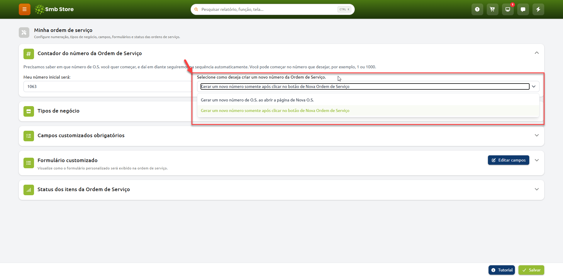 Tela de configuração da ordem de serviço com o menu do contador aberto, destacando as opções para gerar um novo número de O.S.: ao abrir a página ou somente após clicar no botão correspondente.