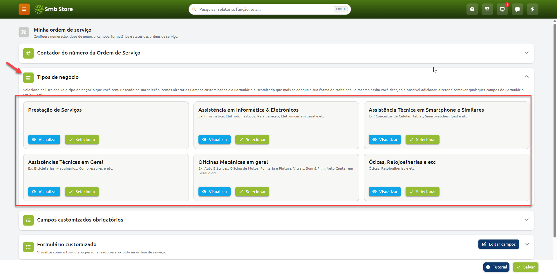 Tela de configuração de ordem de serviço no Smb Store, com a seção "Tipos de negócio" destacada, exibindo opções de modelos de formulário pré-definidos para diferentes segmentos comerciais, como prestação de serviços, assistências técnicas e oficinas.