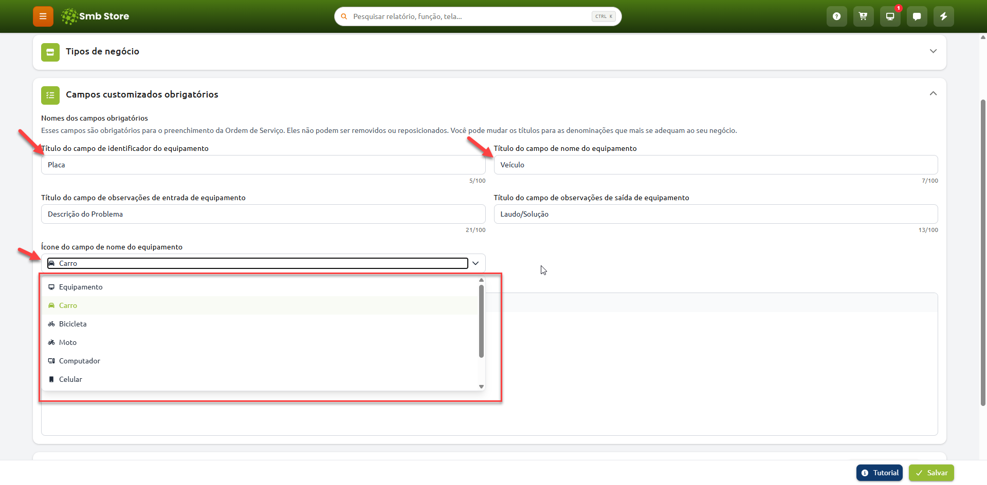 Tela de configuração de campos customizados obrigatórios da Ordem de Serviço no sistema Smb Store, exibindo campos para personalizar os títulos de identificador e nome do equipamento, com menu suspenso aberto para selecionar o ícone representativo.
