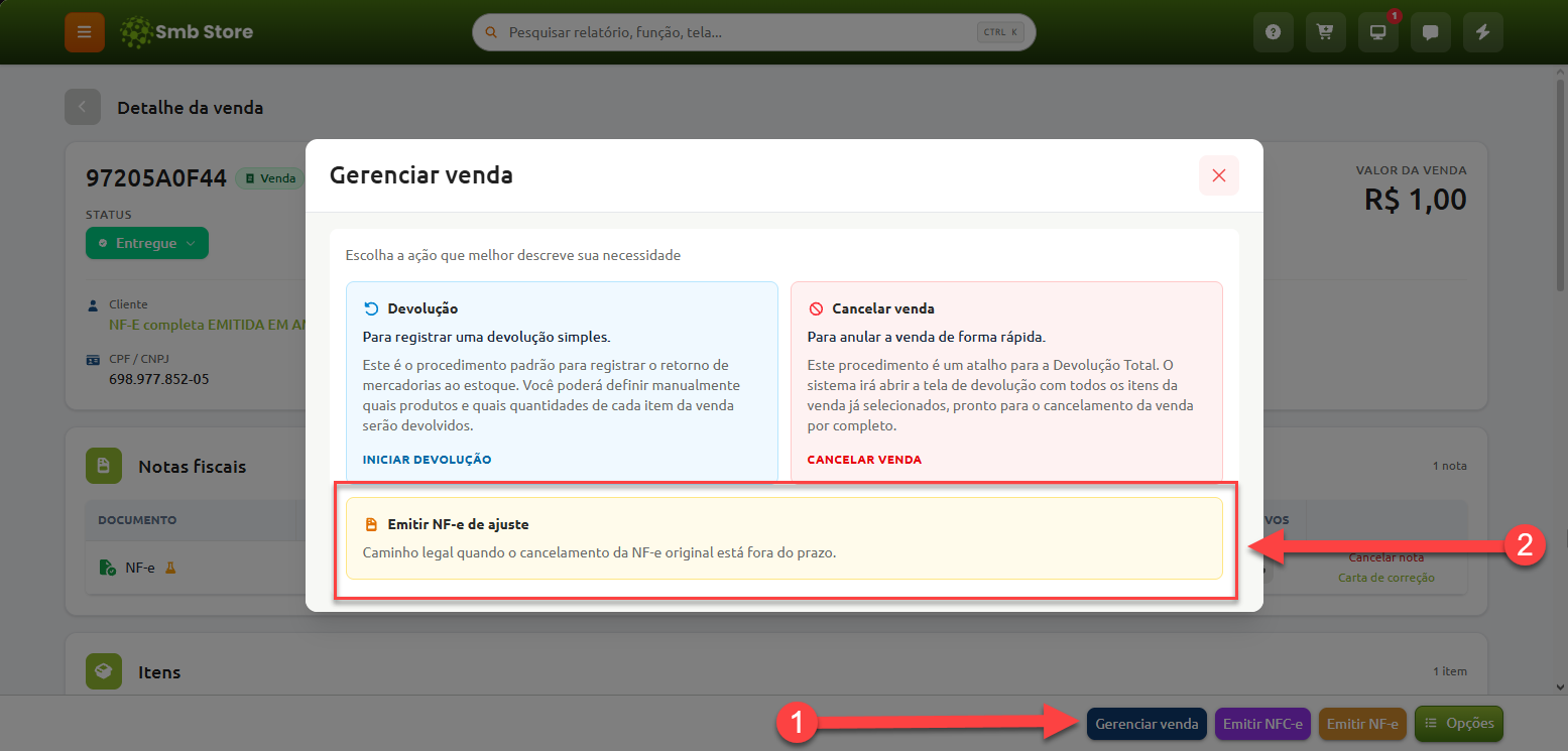 Janela de gerenciamento de venda no Smb Store, destacando a sequência para acessar o botão "Gerenciar venda" e selecionar a opção "Emitir NF-e de ajuste", além das opções de devolução e cancelamento da venda.