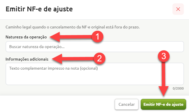 Formulário de emissão de NF-e de ajuste com passos numerados para seleção da natureza da operação, inclusão de informações adicionais e botão de confirmação para emitir a nota.
