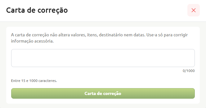 Janela para emissão de Carta de correção, contendo aviso sobre as limitações de uso, campo de texto para preenchimento com limite de 15 a 1000 caracteres e botão de confirmação.
