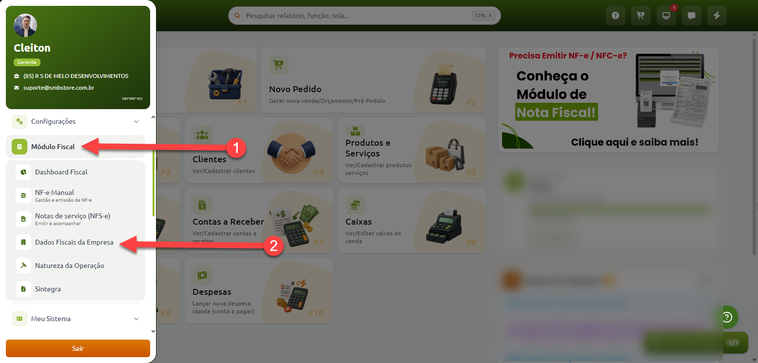Tela inicial do sistema com o menu lateral aberto, indicando a navegação a partir do item "Módulo Fiscal" (passo 1) até a opção "Dados Fiscais da Empresa" (passo 2).