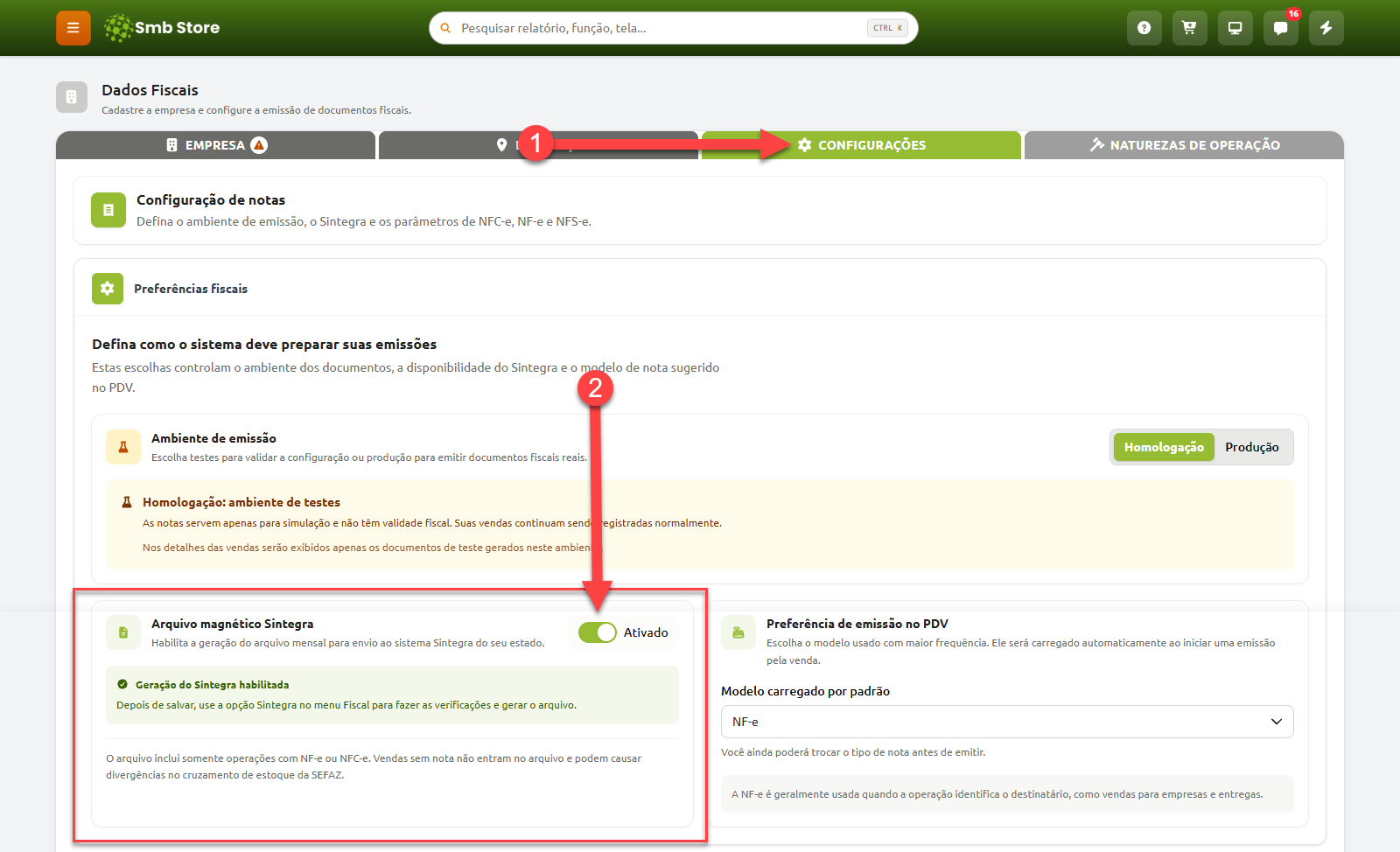 Tela de Dados Fiscais no Smb Store, destacando o acesso à aba de Configurações e a ativação da opção para geração do arquivo magnético Sintegra.