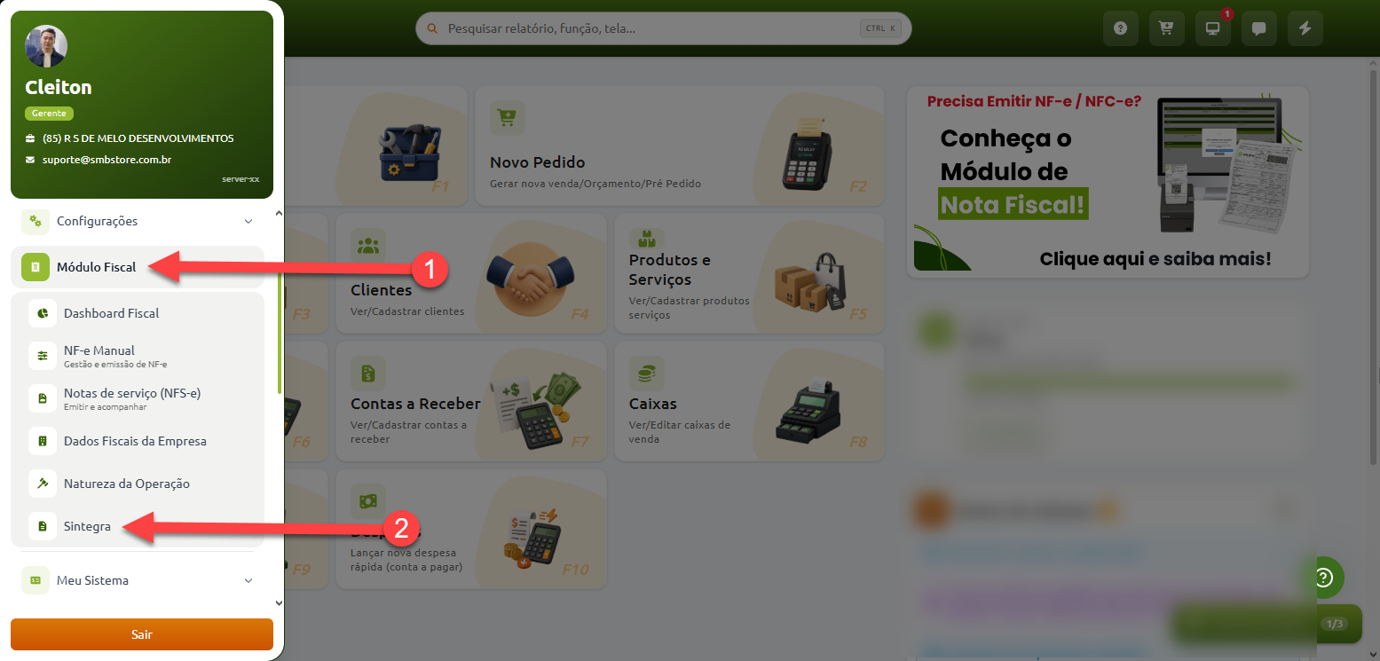 Painel de controle do sistema com navegação no menu lateral, destacando o passo a passo para acessar a opção "Módulo Fiscal" e, em seguida, selecionar a função "Sintegra".