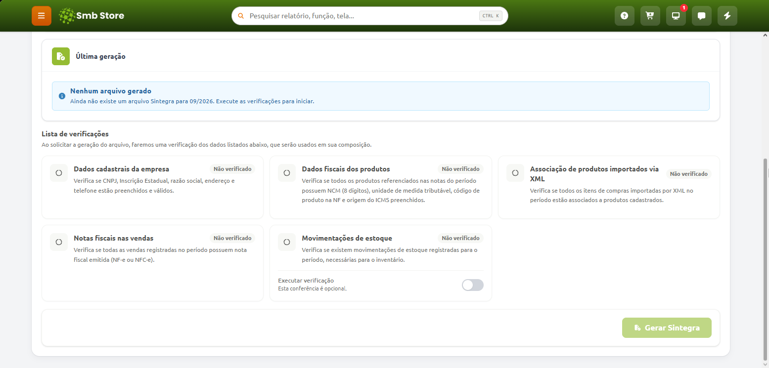 Tela de geração do Sintegra no sistema Smb Store, informando que nenhum arquivo foi gerado para o período e exibindo uma lista de verificações pendentes referentes a dados cadastrais, fiscais, XMLs importados, notas fiscais e movimentações de estoque.