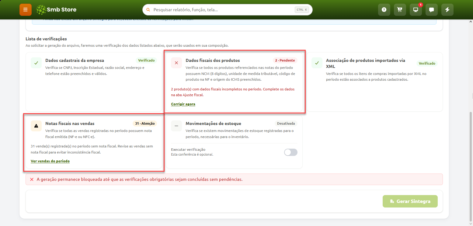Tela de lista de verificações para geração do Sintegra no Smb Store, destacando pendências nos dados fiscais de 2 produtos e um aviso de atenção referente a 31 vendas registradas sem nota fiscal no período, acompanhados de um alerta informando que a geração do arquivo permanece bloqueada até a conclusão das pendências obrigatórias.
