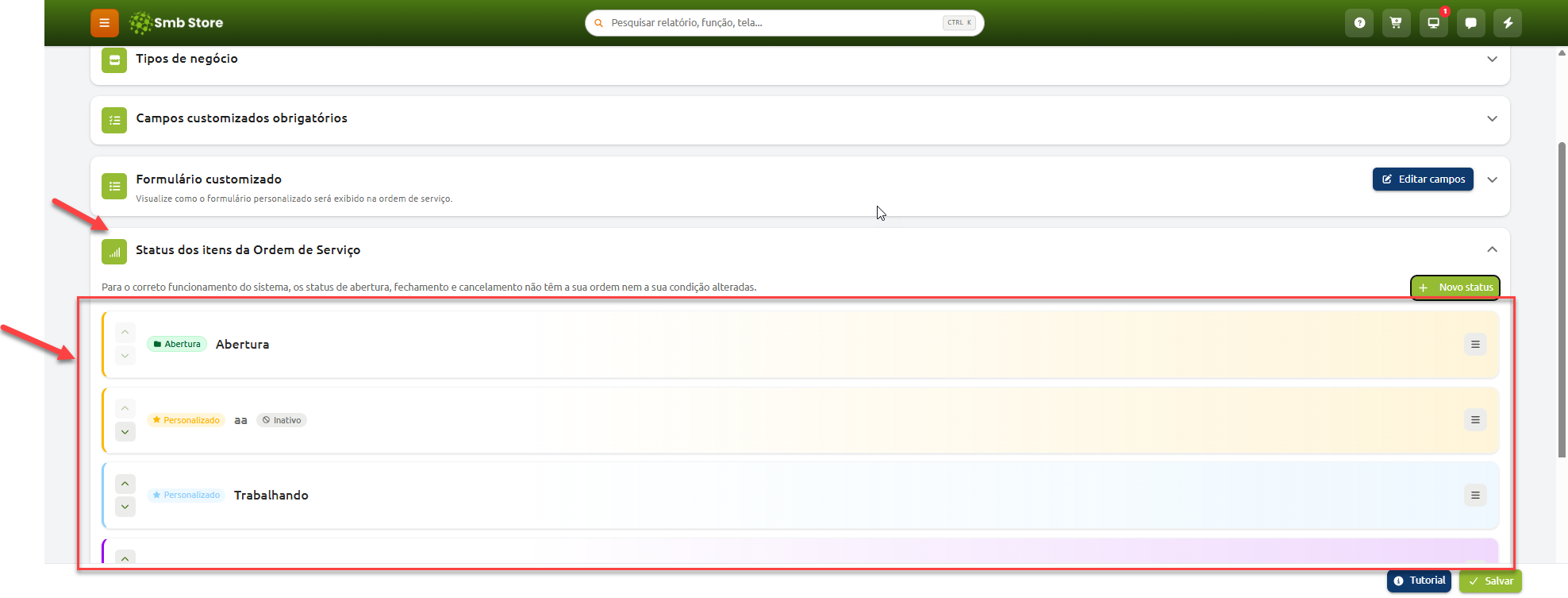 Tela de configurações de Ordem de Serviço no sistema Smb Store destacando a seção de "Status dos itens da Ordem de Serviço", com a listagem de status cadastrados, opções para reordená-los e botão para adicionar novo status.