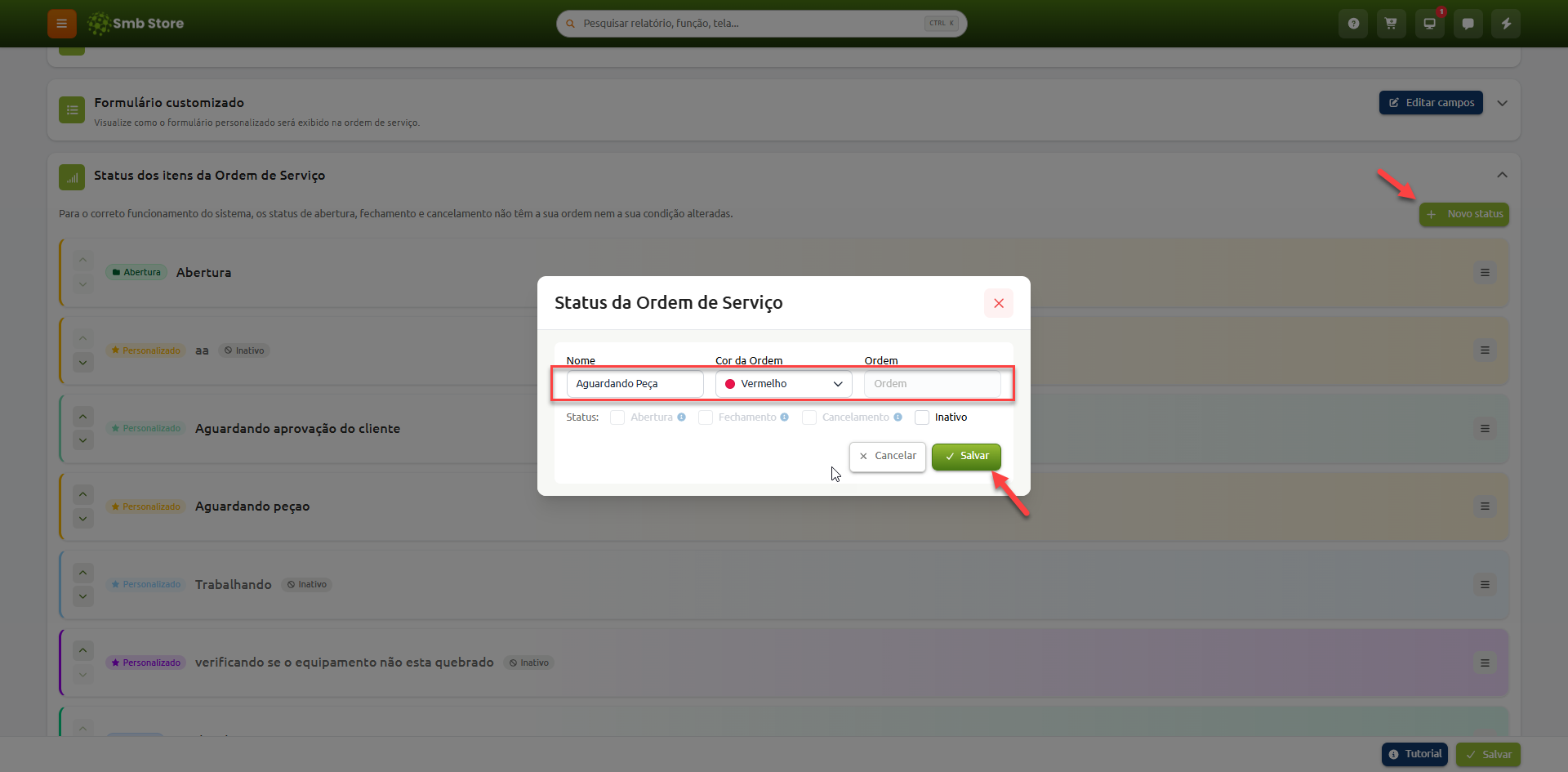Tela de configuração de Status da Ordem de Serviço no sistema Smb Store com janela aberta para cadastro de novo status, preenchida com o nome Aguardando Peça, seleção de cor vermelha e botão para salvar.