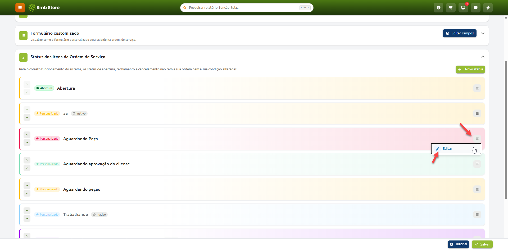 Tela de configuração de status dos itens da ordem de serviço, com o menu de opções aberto destacando a ação de editar o status personalizado "Aguardando Peça".