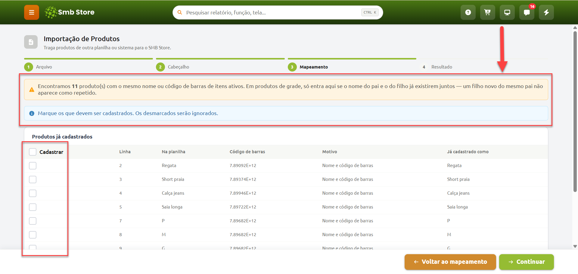 Tela de importação de produtos no SMB Store exibindo aviso de 11 itens duplicados com mesmo nome ou código de barras, acompanhada de uma lista de produtos já existentes com caixas de seleção para definir quais devem ser cadastrados ou ignorados.