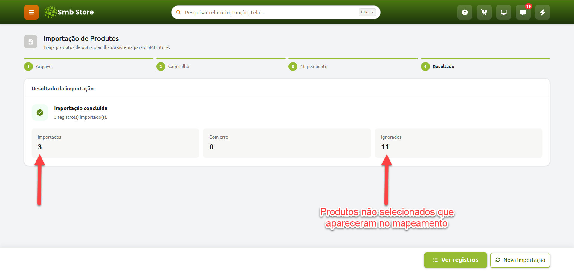 Tela de resultado da importação de produtos no SMB Store, exibindo a conclusão do processo com 3 registros importados, 0 com erro e 11 ignorados por não terem sido selecionados no mapeamento.