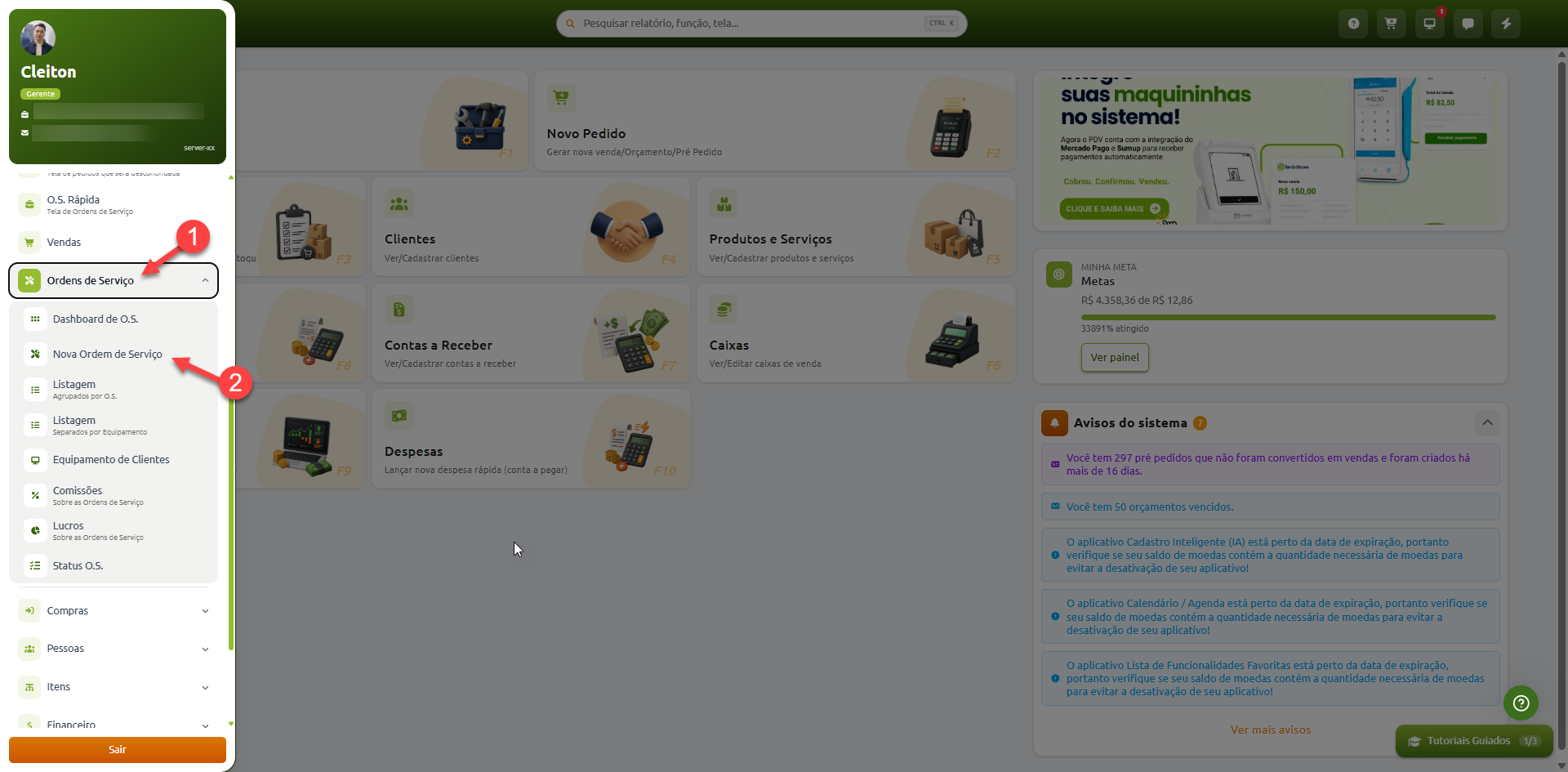 Painel principal do sistema com navegação no menu lateral esquerdo destacando a sequência para acessar a opção "Ordens de Serviço" e selecionar o submenu "Nova Ordem de Serviço".