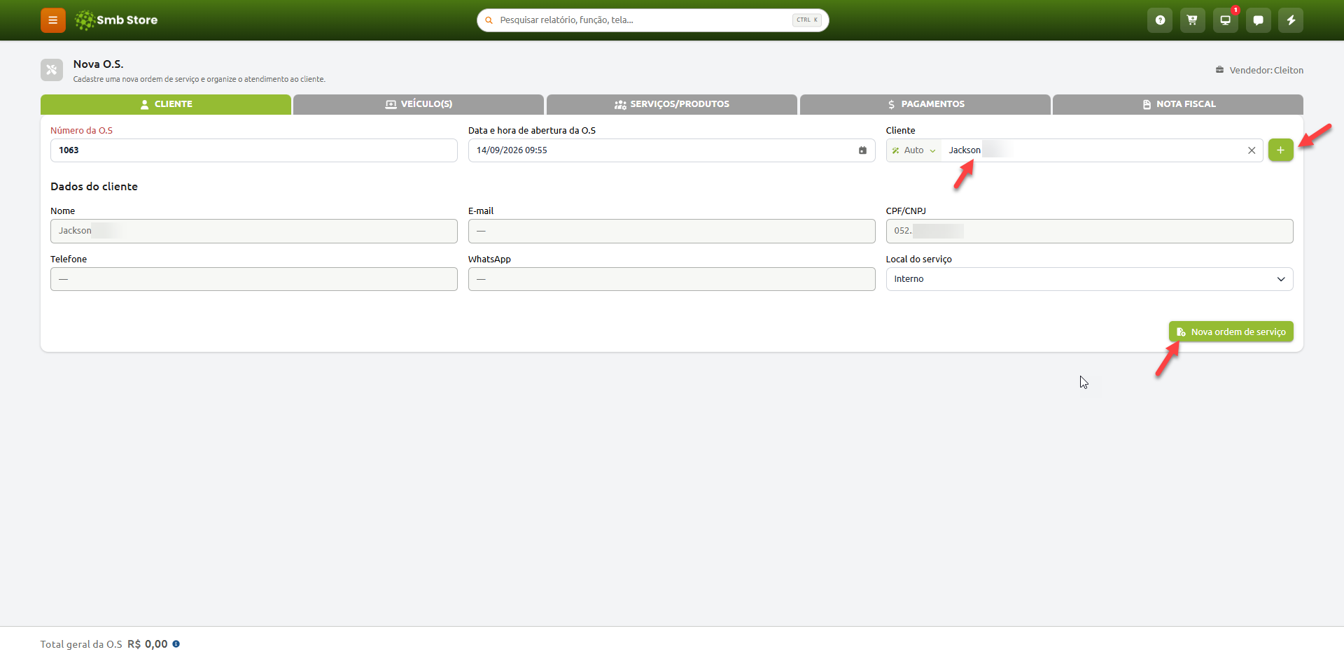 Tela de cadastro de Nova Ordem de Serviço na aba Cliente do sistema Smb Store, destacando a seleção e adição de um cliente, os campos com seus dados cadastrais e o botão para criar a nova ordem de serviço.