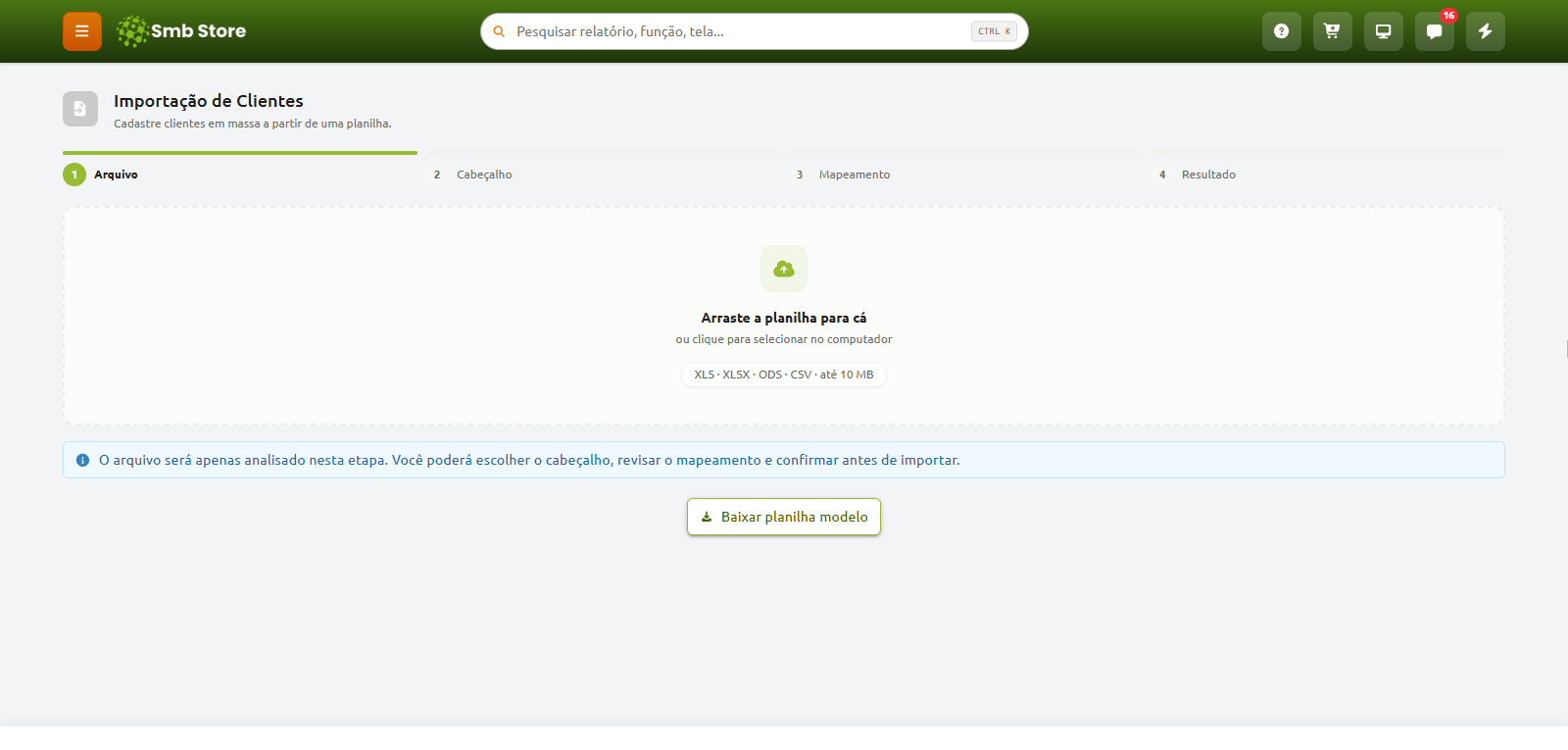 Tela de importação de clientes em massa no sistema Smb Store, na etapa inicial para envio de arquivo de planilha por upload ou arrastamento, com opção para baixar uma planilha modelo.